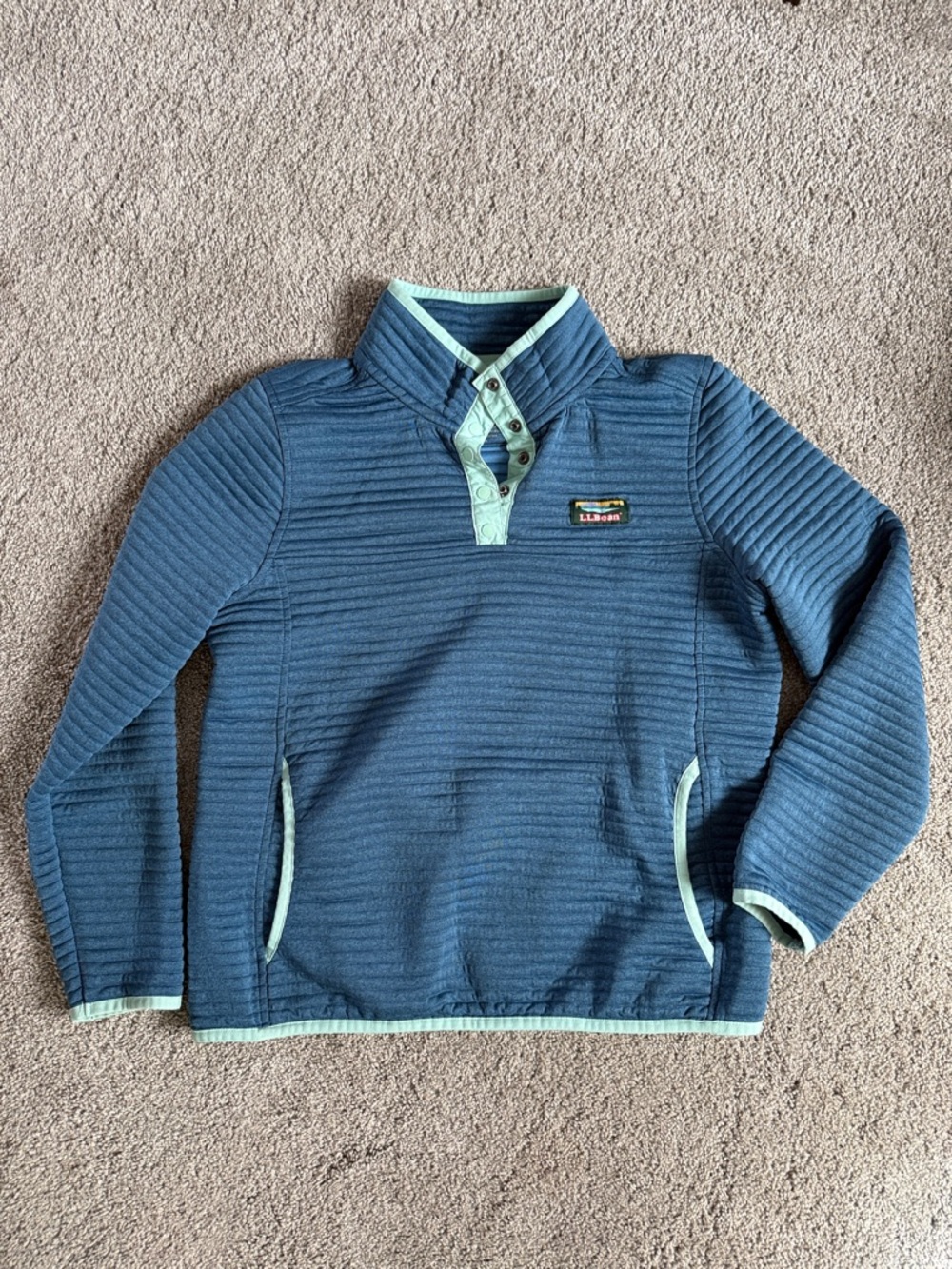 L.L. Bean Blue Ribbed Quarter-Snap Sweater with Mint Trim